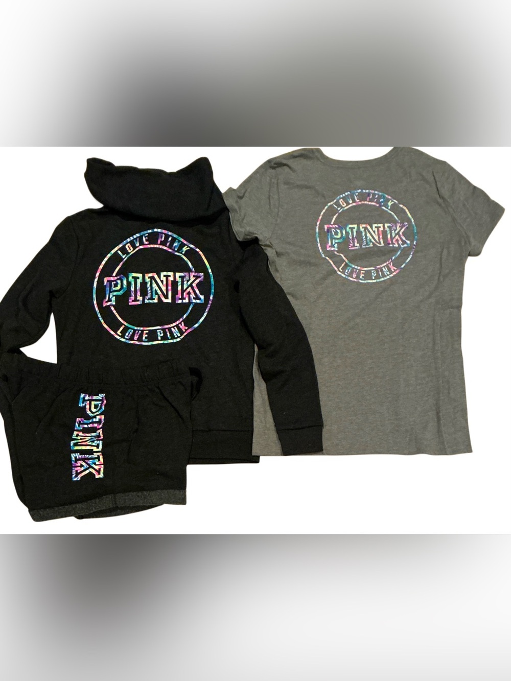 NEW VICTORIAS SECRET PINK RARE BOYFRIEND SHORTS, TEE SHIRT & FULL ZIP HOODIE 3PC